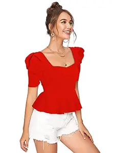 Istyle Can Women's Puff Sleeve Sweetheart Neck Solid Slim Fit Peplum TOP (Large, Red.)