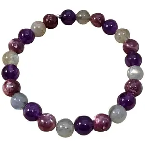 RRJEWELZ Natural Amethyst & Lepidolite 8mm Round Shape Smooth Cut Beads 6.5 inch Stretchable Bracelet for Men & Women.|STBR_RR_00485_6.5