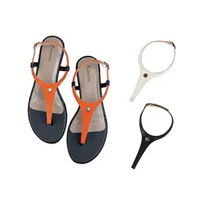 Cameleo -changes with You! Women's Plural T-Strap Slingback Flat Sandals | 3-in-1 Interchangeable Leather Strap Set | Orange-White-Black