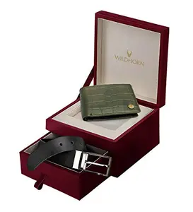 WildHorn Men's Classic Leather Wallet and Belt Combo (New Green Croco)