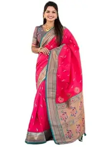Zivanshi Weaves Womens Silk Blend Saree Featuring Small Peacock Design With Tassels On The Pallu With Blouse 5.5 Meter Saree 0.8 Meter Unstitched Blouse Piece