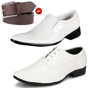 Vitoria Men's Attractive PU Formal/Party Shoes | 2 Shoes Combo with Free Belt | Stylish & Comfortable | Ideal for Office, Casual Outings, Parties (9147_VTR006-Wht-2004-Wht) (Multicolor)(Size: 7UK)
