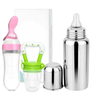 KINDAR CARE Silicone Baby Spoon Feeder Feeding Bottle (90ml, Ideal for 4 Months+ Babies) | Stainless Steel Milk Bottle (250 ML) & Food/Fruit Feeder/Nibbler (Set of 3 Items),KINCARE06