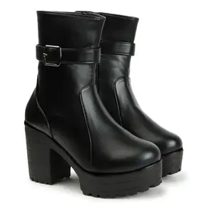 STRASSE PARIS Black Platform Heeled Boots with Buckles For Womens & Girls,7
