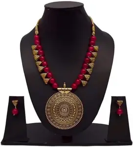WORLD WIDE VILLA Oxidised Silver Earring & Necklace Set For Women Pack of 1 Maroon || WV_Set70