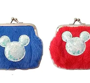 ANESHA Faux Fur Shiny Centre Design Wallet Small Ladies Mini Coin Purse with and Kiss Lock Pack of 2
