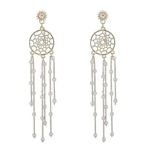 Yu Fashions Golden Pearl Tassel Round Shaped Geometrical Korean earrings Pair