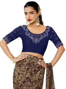 MRSWEARS Women's Regular Fit Readymade Stretchy Elbow Length Embroidered Saree Blouse