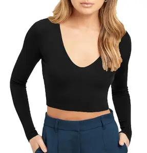 THE BLAZZE Women's Cotton Stylish Stretchable Deep V Neck Full | Long Sleeve Crop Top for Women L438 1309 (4XL, BLK)