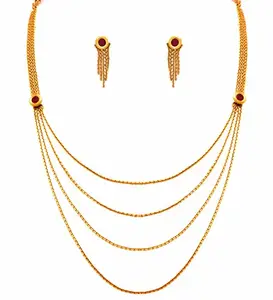 JFL - Traditional Ethnic Multi Strand One Gram Gold Plated Red Designer Necklace Set with Earring for Girls and Women,Valentine