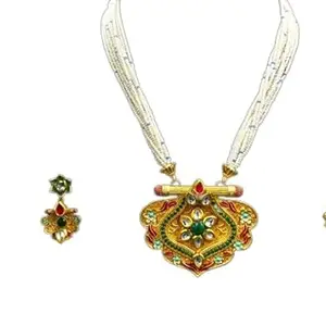 Abhirupa White Beads Long Set with Golden Locket set with a pair of earring set for Women & Girls
