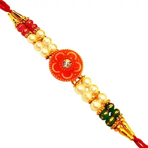 brown leaf ® Beautiful Design Fancy Colourful Red Pearl Rakhi Raksha Bandhan Gift Band Moli Bracelet Wristbands Stone Designer Rakhi Combo for Brother & Family (Set Of 1)