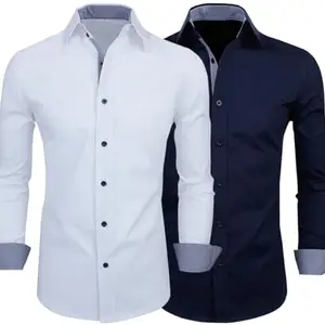 Fifth U Combo of Men's Solid Cotton Blend Regular Fit Full Sleeve Casual Shirt(Pack of 2) White-Navy Blue