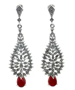 Rajasthan Gems Dangle Long Earrings Silver 925 Sterling Marcasite & Carnelian Gem Stone Handmade Women Gift Designer G294