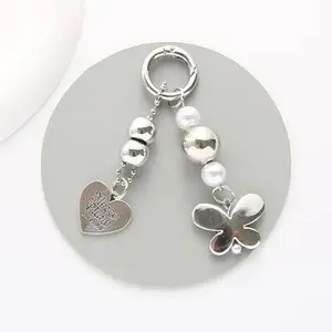 KC Butterfly Heart Beads Lanyard Keychain Mobile Chain Beads Charm Hanging, Phone Pendant Wrist Bracelet Holder | Purse, Camera, Mobile Cover Charm Strap Smartphone Case For Girls Women Silver