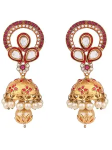 Styylo Fashion_Traditional Gold Plated Floral Shape Red & White Stone Brass Jhumka_EAR-M-40363