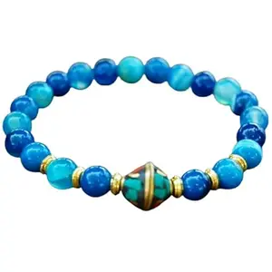 Lady Works Natural Blue Agate With Turquoise 8-10mm Round Shape Smooth Cut Beads 8 Inch Stretchable Bracelet For Men & Women. Unisex Bracelet For Healing, Meditation, Prosperity & Luck|LW_BRST_00418_8.0