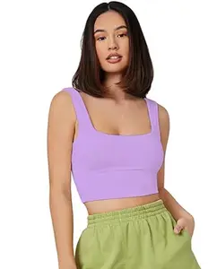 CrazyInk Women's Cotton Lycra Sleeveless Crop Top I Crop Tank Top for Women I Casual Slim Fit Stretchable Square Neck Crop Top - Lavender (Sizes - XS)