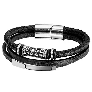 Peora Black Leather Bracelet Silver Plated Stainless Steel Metal Stylish Design Fashion Jewellery for Men & Boys (PX9LB67)