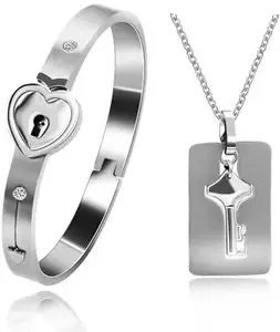 Lila Stainless Steel Lock & Key Bracelet & Chain Pendant (Model : 012) White Grey | Couple Set | Gifting Option