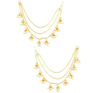 PRIVIU Latest Gold-Plated Kanchain 3 Layer Long Ear Chain with Pearls Drop Bhahubali Inspired Ear Chain For Hair for Traditional Earrings For Women & Girls