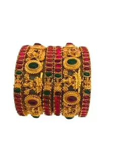 THE OPAL FACTORY Traditional Gold Plated Bangles Set of 6 for Women with Lakshmi Ruby Artificial Stone & Nakshi Temple Jewellery Design for Women & Girls (2.4)