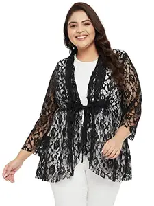 wild U Women Western Plus Size Stylish Shawl Collar Sheer Lace Trendy Long Shrug (Black, Size : 8XL)