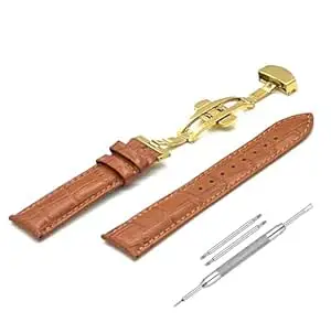 Lineon 22mm Half Padded Premium Leather Mens Watch Strap with ButterFly Lock For Branded Watches Tool and Pins Include