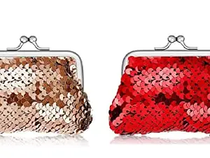 ANESHA Sequin Sippi Cute Coin Purse for Women and Girls Retro Money Pouch with Kiss-Lock Buckle Small Wallet Card Change Holder Pack of 2 (9 x 7 CM)