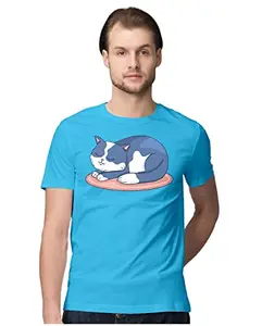 ALLEN BLACK Men's Regular Fit T-Shirt Sleeping Cat 100% Cotton T-Shirt Sky Blue_SLEEPYCTMEN-Sky Blue 2XL Men Round_