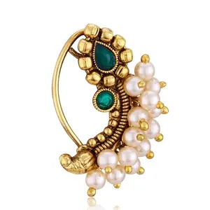 VIVASTRI FASHION JEWELLERY Vivastri Gold Plated Green Pearls (Moti) with CZ stone Alloy Maharashtrian Cultural Nath Nathiya/Nose Pin for women[VIVA1256NTH-PRESS-GREEN]