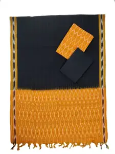 Pochampally Ikat Women Unstitched Cotton Dress Material Suit set - Mustard Orange shade and Black VISS020