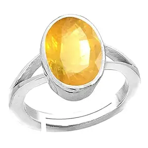 JAGDAMBA GEMS 3.37 Carat Yellow Sapphire Stone Silver Adjustable Ring Original and Certified Natural Pukhraj Unheated and Untreated Gemstone Free Size Anguthi for Men and Women
