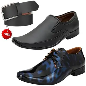 Aadab Formal Shoes/Party Shoes/ 2 Shoes Combo with Free Belt for Men and Boys (BAZAAR7621_VTR01-Blk-Blu-2003-Bdr) Multicolor
