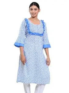 Chhabili Women Pure Soft Cotton Printed Kurta | Floral Print Casual Kurti for Summer | 3/4 Sleeve Comfortable Office Wear White & Sky Blue Kurta