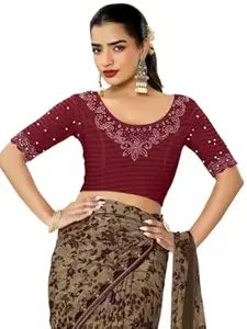 MRSWEARS Women's Regular Fit Readymade Stretchy Elbow Length Embroidered Saree Blouse