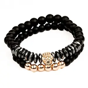 THE MEN THING LAVA EMBRACE SKUL DUO- Black Gold Tone - Beads Bracelet with Natural Volcanic Stone - 7inch Stretch Bracelet