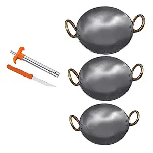KITCHEN SHOPEE 3 pes iron Cookware set Combo deep Kadai Frying Cooking Fry Kadhai Heavy Base With Handle Multipurpose Use 8 in 9 in 12 in 7.5 L Induction Friendly Silver Color 1 PES Gas Lighter price in India.