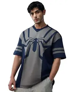 The Souled Store Spider-Man: Oscorp Suit Men and Boys Short Sleeves V-Neck Blue and Grey Printed Cotton Breathable Lightweight All-Season Oversized T-Shirt