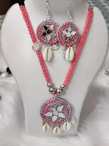 Handcrafted Crochet Cord Necklace with Shells, Beads, and Metallic Accents (Pink and aqua blue)