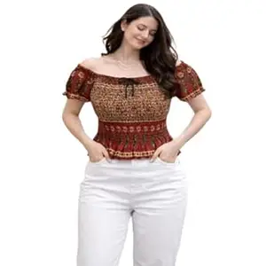 Cigain Women's Off-Shoulder Smocked Crop Top, Printed Pattern, Short Ruffle Sleeves