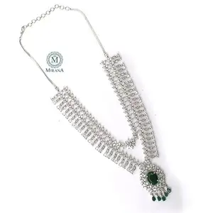 MIRANA Dia Double Layered Green Designer Necklace Set (White/Rhodium)