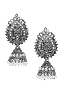 OOMPH Jewellery Silver Oxidised Jhumka Earrings-Kundan in Peacock Design-For Women & Girls Stylish Latest (S-ECK144_Z)- For Women & Girls Stylish Latest