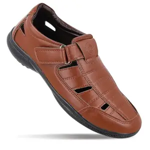 WALKAROO Men's Stylish Roman Sandals Hook & Loop with Velcro Strap for Formal and Casual Footwear - WF6270 Dark Tan