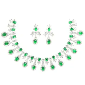 ZENEME Rhodium-Plated American Diamond Studded Trendy Design Necklace With Earrings Jewellery Set For Girls and Women (Green)