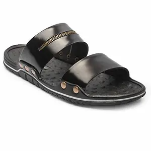 FEATHER LEATHER Stylish Men's Comfortable & Lightweight Sandals & Slippers | Genuine Leather Casual Slipper/flip-flop for Men | Everyday and Office Use Slipper (Black)