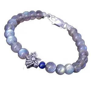 RRJEWELZ Labradorite Round Beaded Bracelet – Smooth 8mm Grey Stones with Silver Lock – 7 Inch Adjustable link Bracelet for Men & Women|LCBR_RR_04207