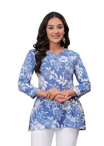 Cotton Kurti Top for Women - Blue White Floral Print V-Neck Tunic for Office, College & Daily Casual Fashion