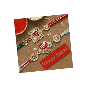 eCraftIndia Set of 2 Bhai Word & Om Symbol Designer Rakhis for Brothers with Happy Rakhi Wooden Cutout and Roli Chawal Pack