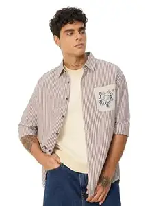 The Souled Store Cotton Linen Stripes: Apricot Men and Boys Long Sleeves Collared Neck Orange Stripes Regular Fit Lightweight Comfortable Summer Cotton Linen Shirts